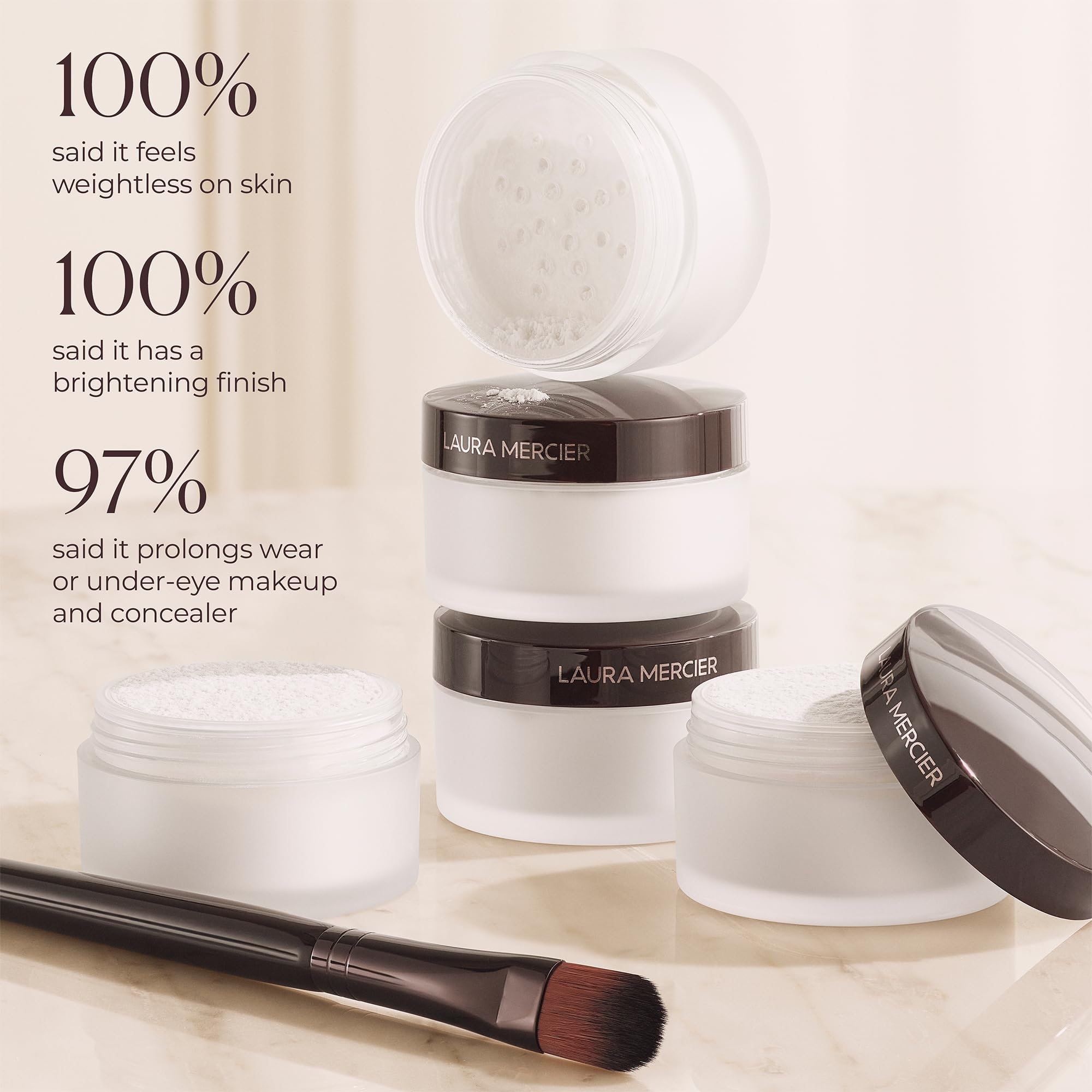 Laura Mercier Secret Brightening Powder compact close-up shows light, breathable formula