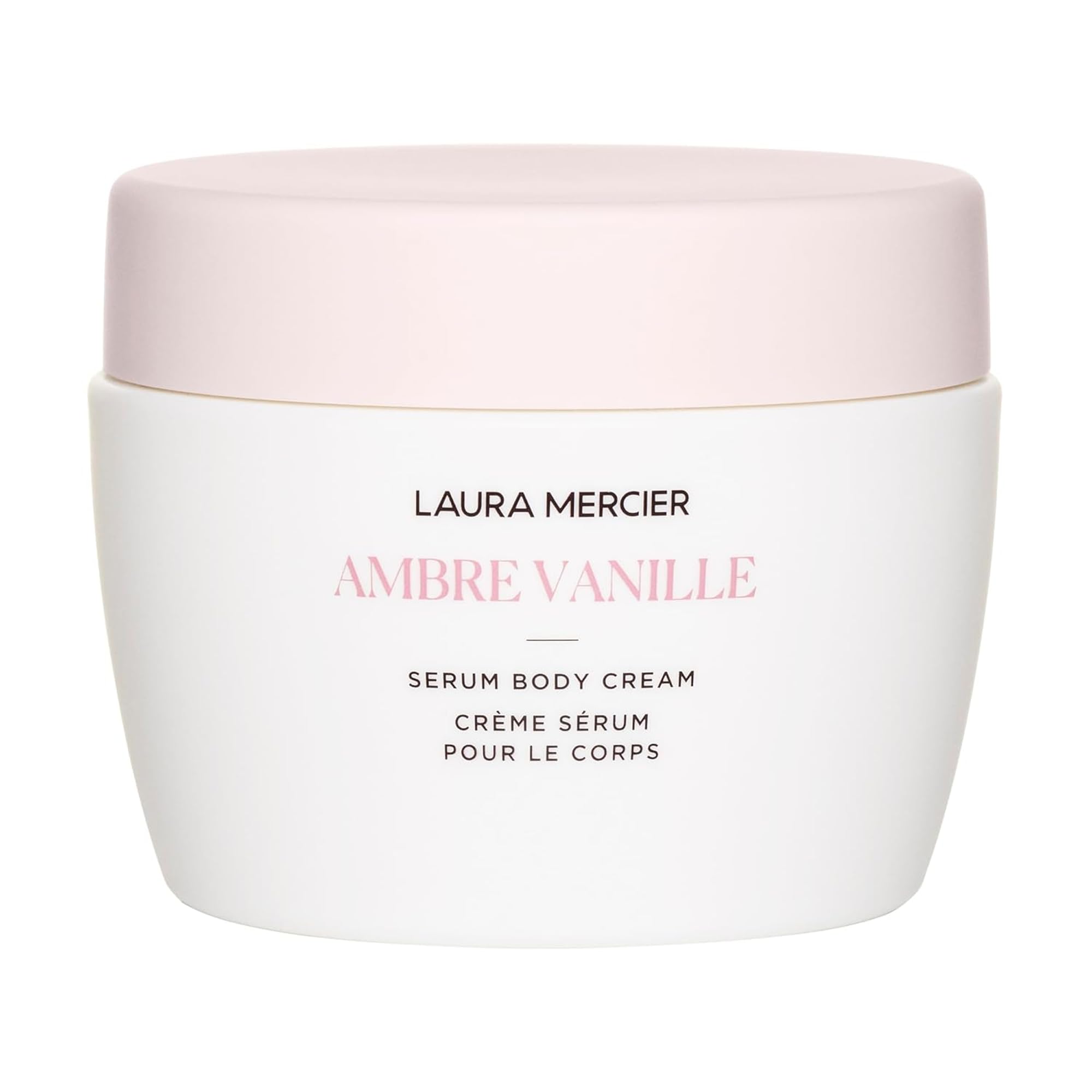 Laura Mercier Serum Body Cream bottle close-up showing Ambre Vanille fragrance for daily nourishment.