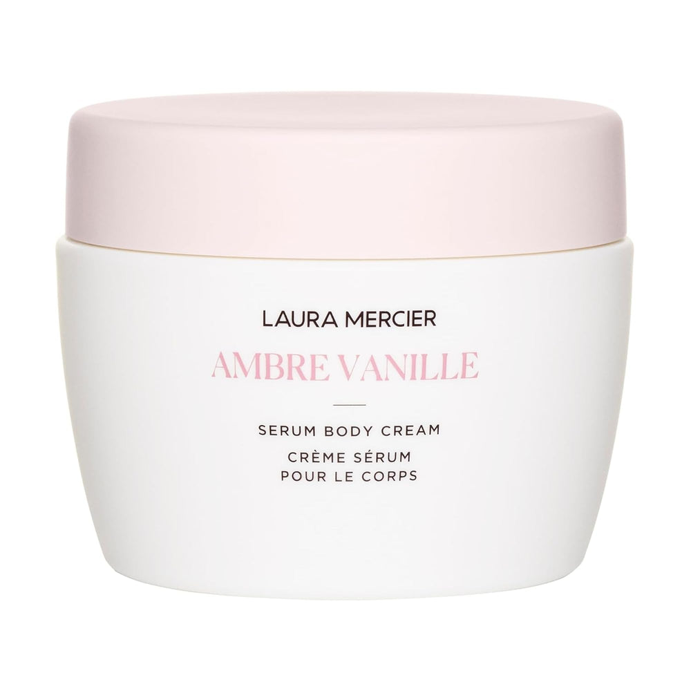 Laura Mercier Serum Body Cream bottle close-up showing Ambre Vanille fragrance for daily nourishment.