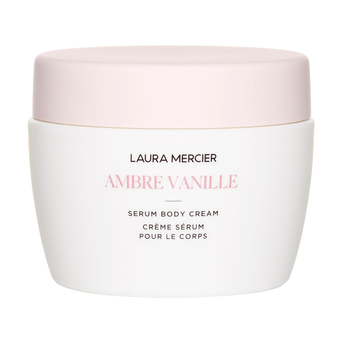 Laura Mercier Serum Body Cream bottle close-up showing Ambre Vanille fragrance for daily nourishment.