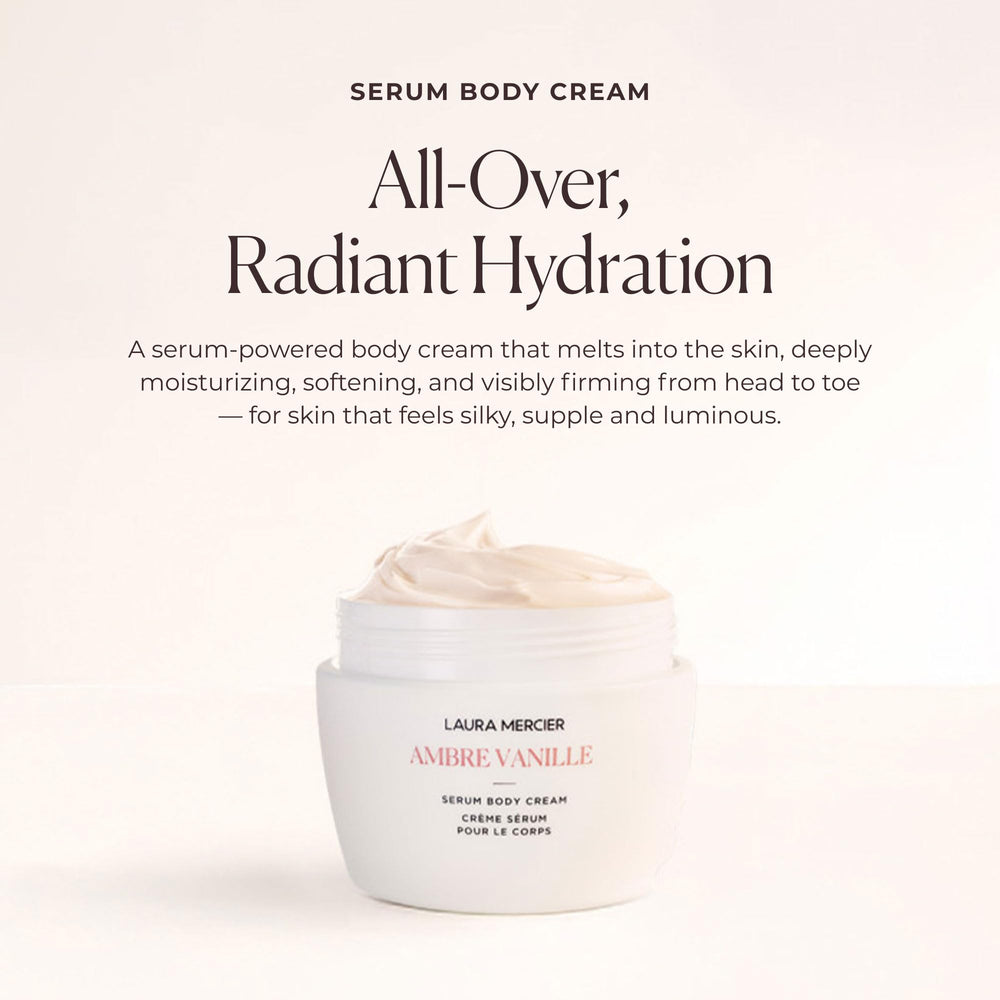 Laura Mercier Serum Body Cream jar close view highlights rich texture and 48-hour hydration.