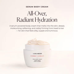 Laura Mercier Serum Body Cream jar close view highlights rich texture and 48-hour hydration.