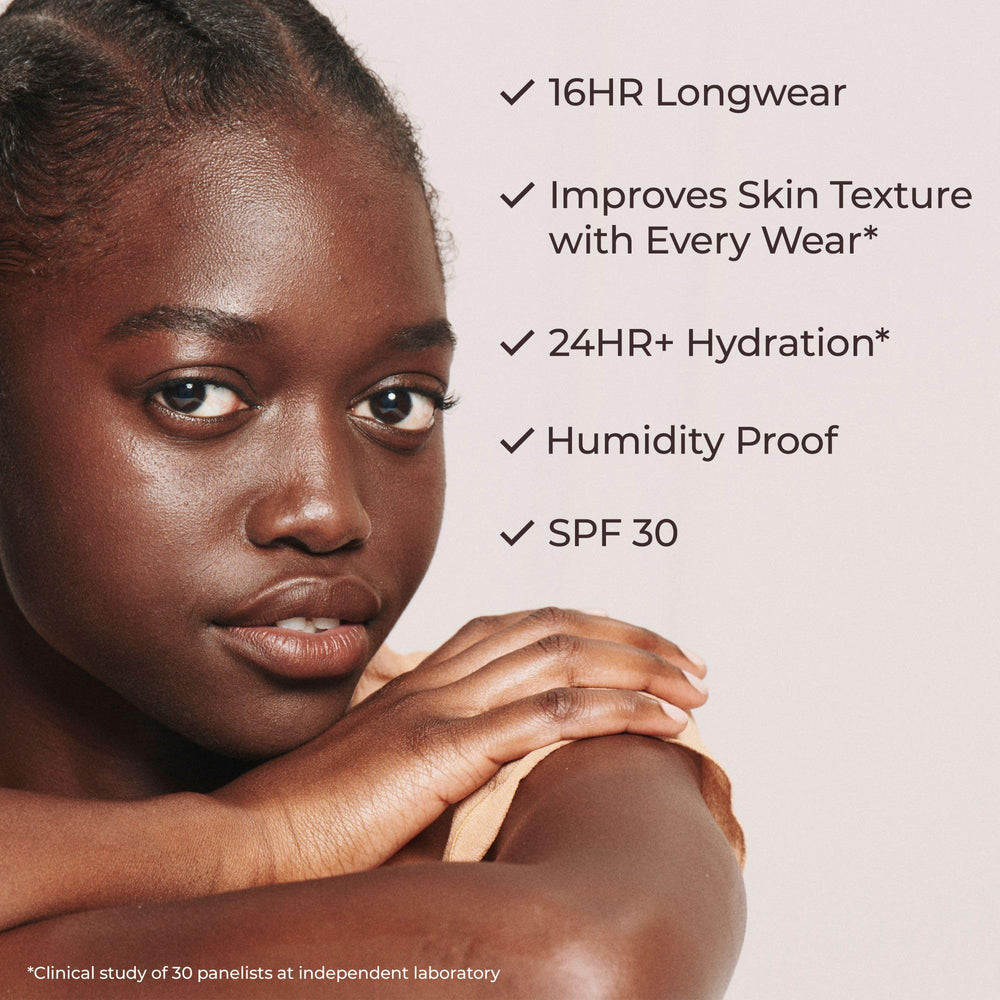Laura Mercier dewy finish close-up on skin.