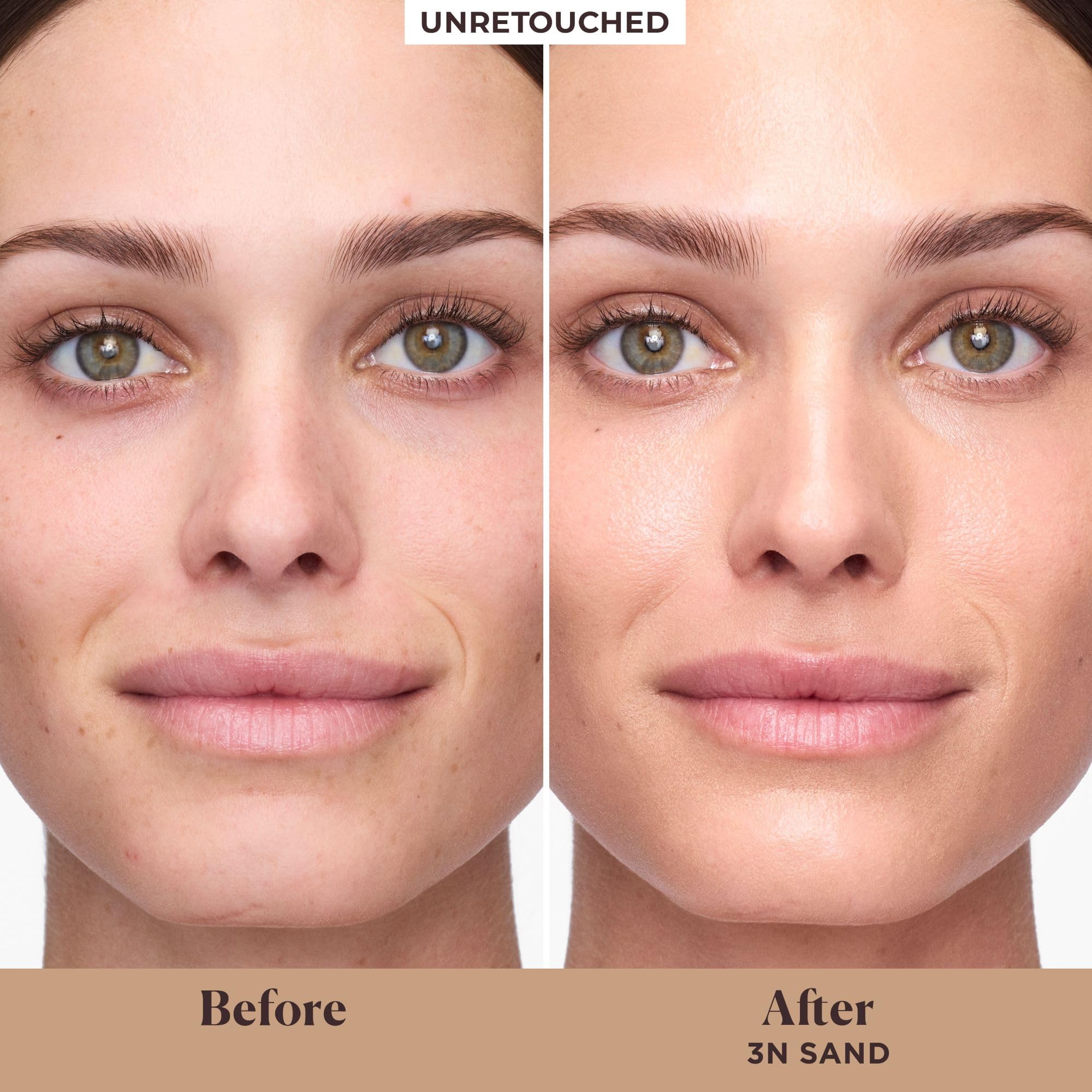 Laura Mercier tinted moisturizer sand swatch on cheek demonstrates buildable coverage and natural glow.