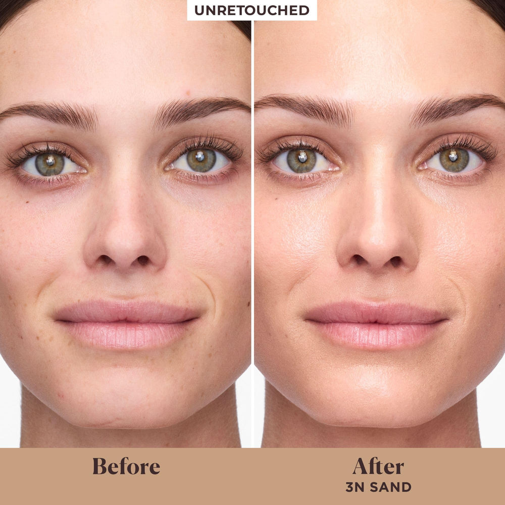 Laura Mercier tinted moisturizer sand swatch on cheek demonstrates buildable coverage and natural glow.