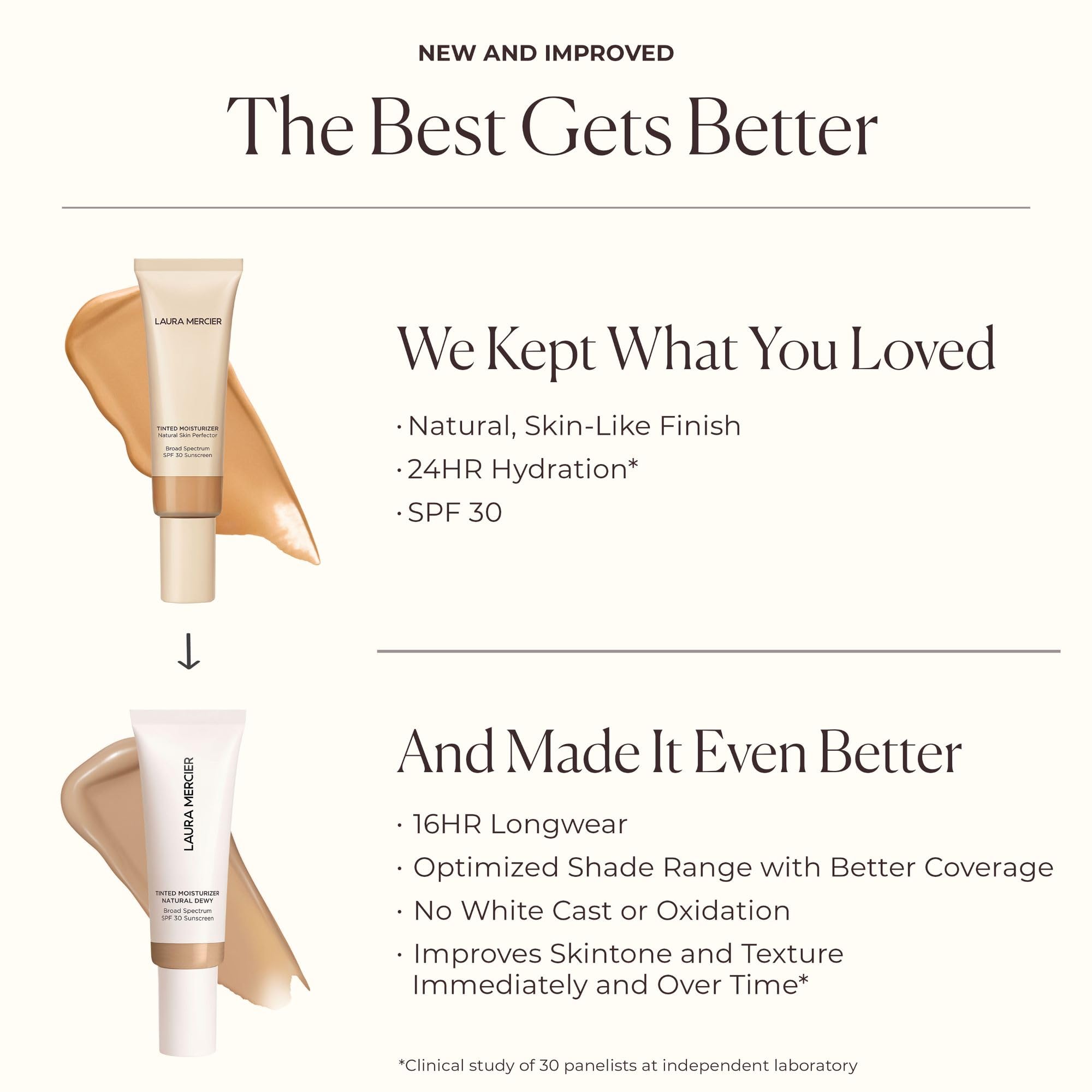 Laura Mercier SPF30 label visible on product, signaling sun protection.