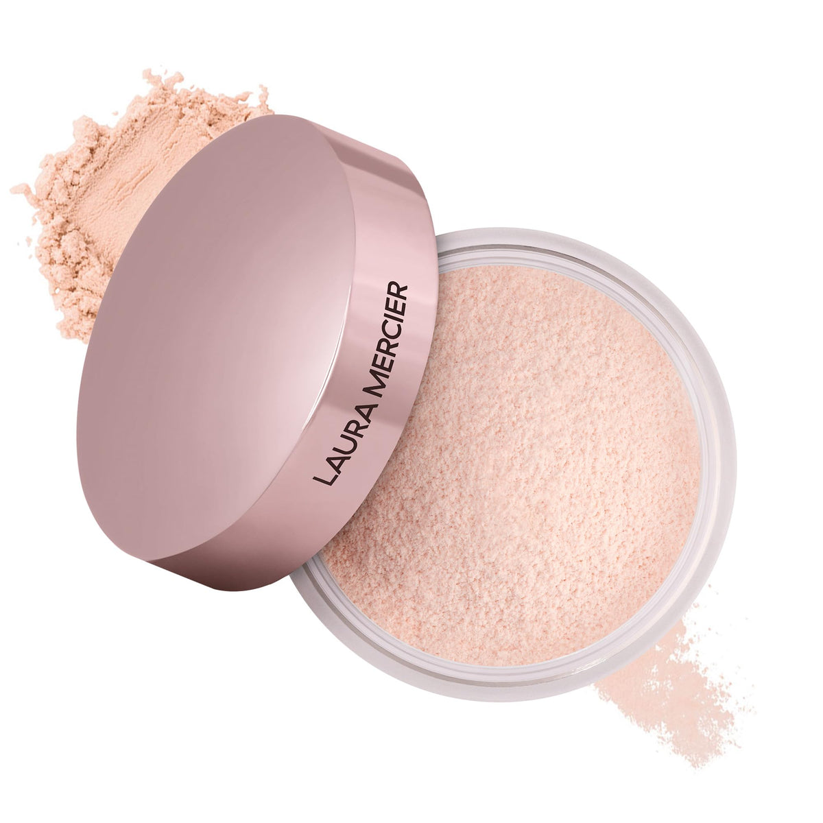 Laura Mercier Tone-Up Rose powder jar closeup highlighting a brightening pink tint.