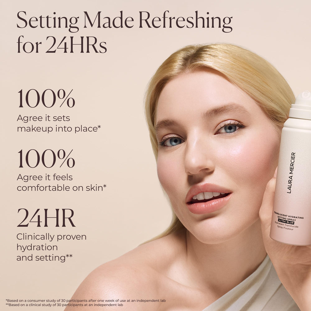 Laura Mercier Translucent Hydrating Setting Spray with Hyaluronic Acid hydrates for all-day comfort