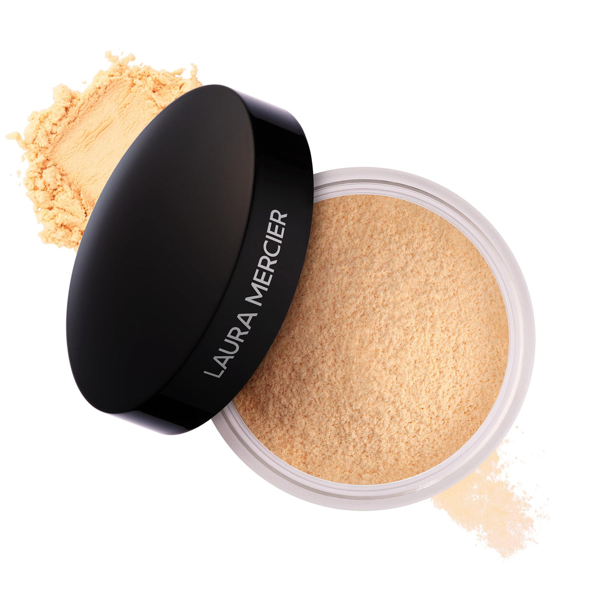 Laura Mercier translucent loose setting powder jar closeup for a weightless, long-lasting matte finish.