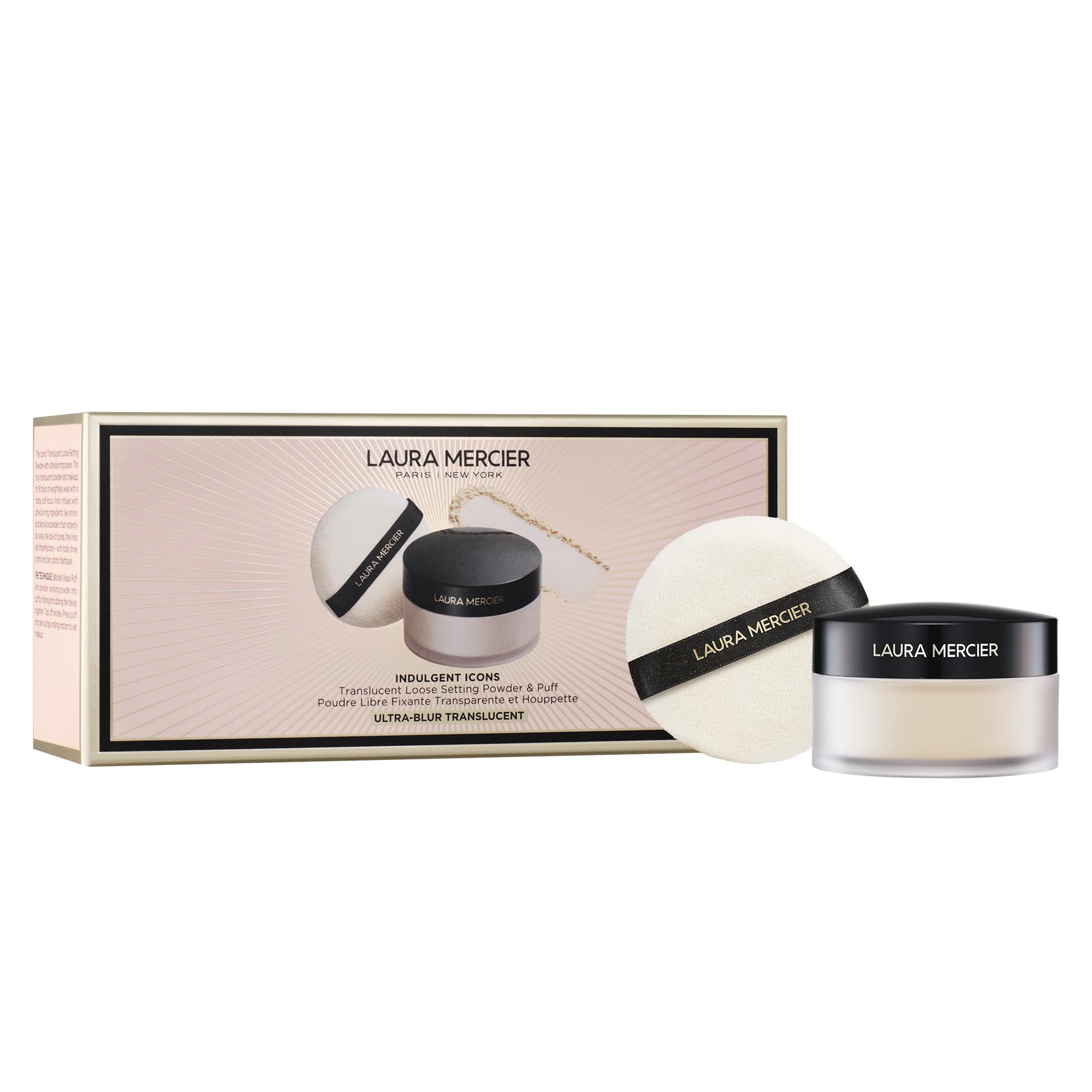 Laura Mercier Ultra-Blur powder in limited-edition packaging showcases talc-free formula with smooth, long-wearing finish.