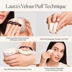 Laura Mercier Velour Puff in use on cheek for seamless blending and control.