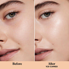 Laura Mercier Light Revealer swatch shows pearlescent blend for sheer radiance and smooth skin.