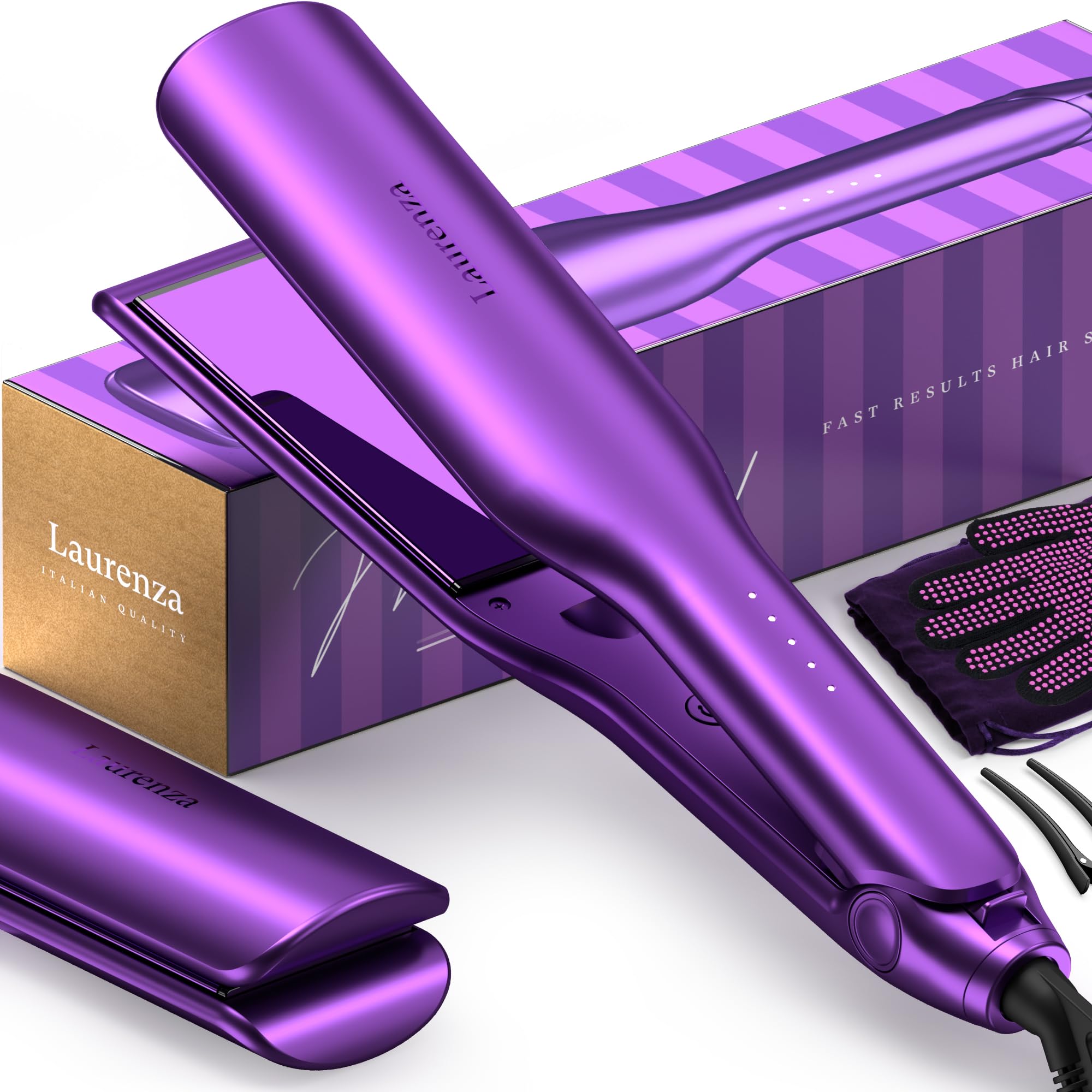 Laurenza 2-in-1 straightener purple close-up shows wide 2-inch plates for quick styling.