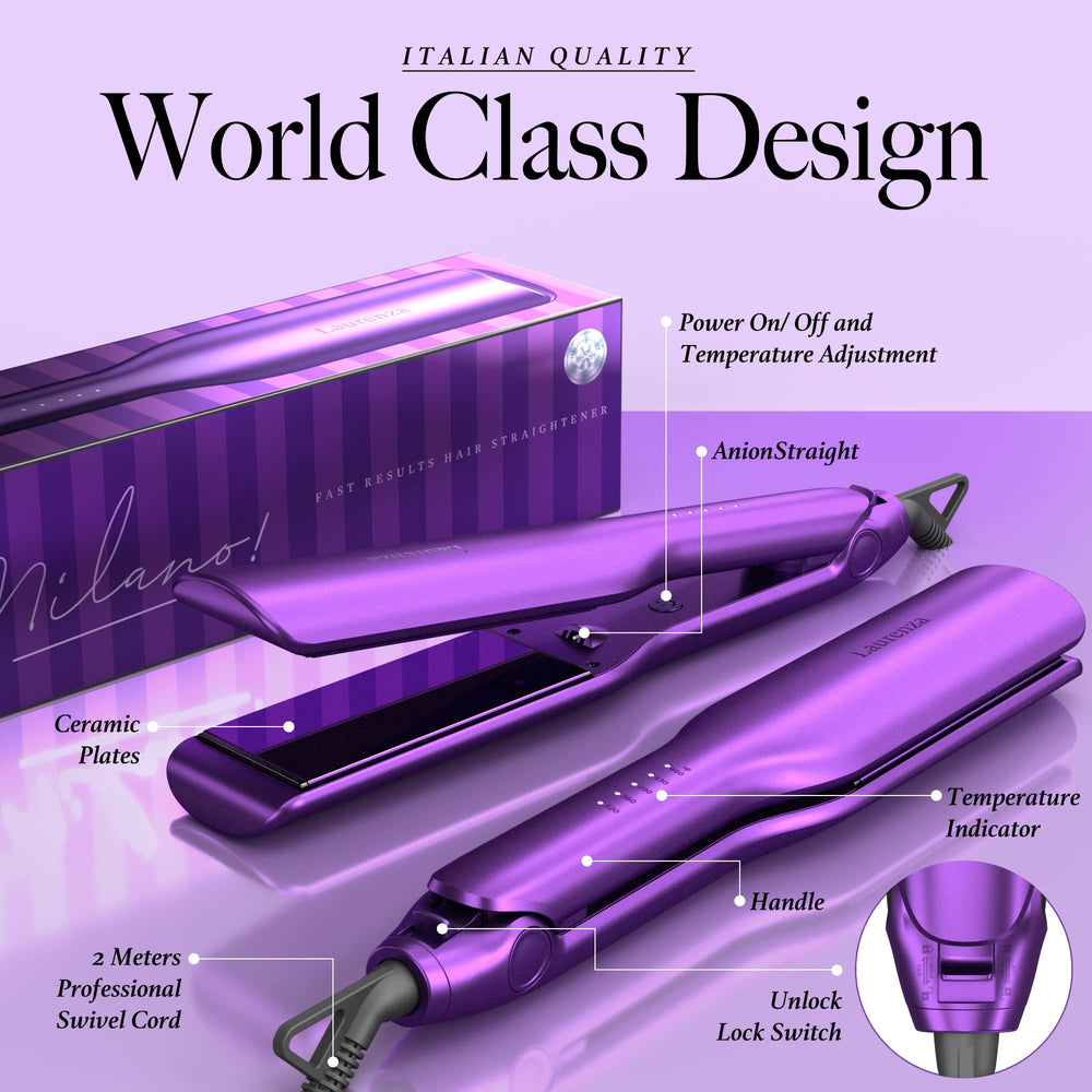 Laurenza in-use styling demo purple close-up shows straightening and curling versatility.