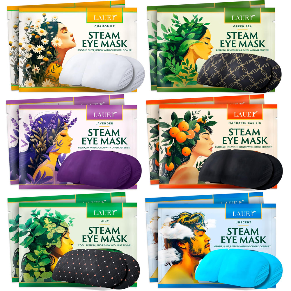 LAUER COSMETIC heated eye steam mask pack shot showing 12-pack for portable relief