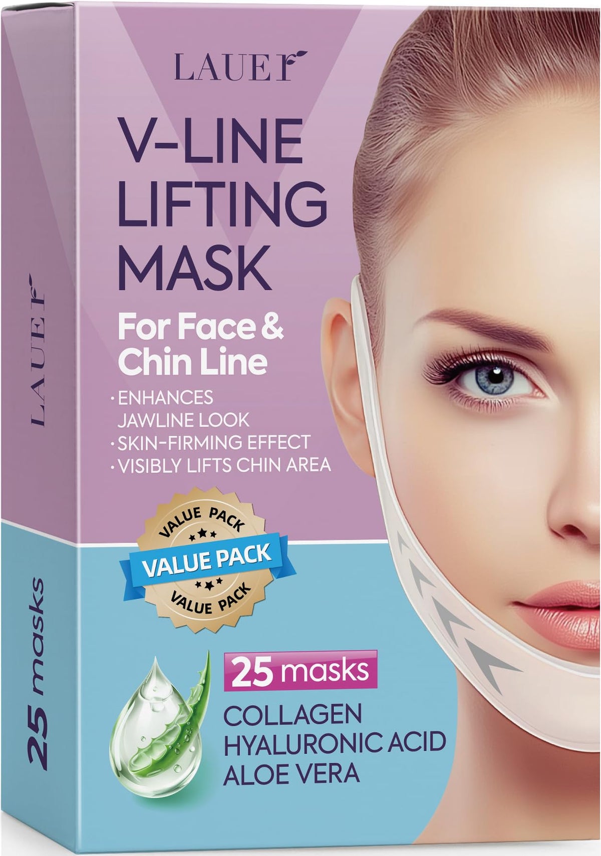 Lauer Cosmetic V-Line lifting mask pack shows contouring potential for a slimmer jawline