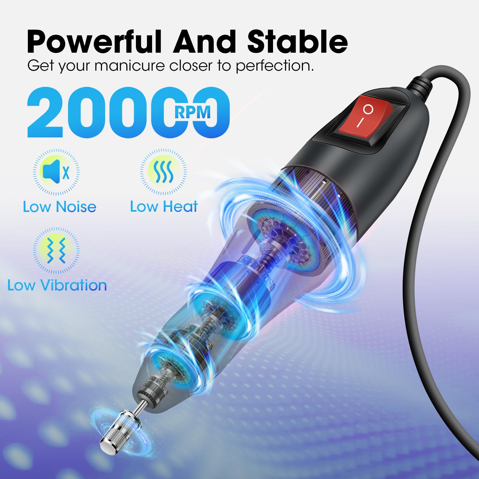 LAVAED electric nail file in action showing low-noise quiet operation.