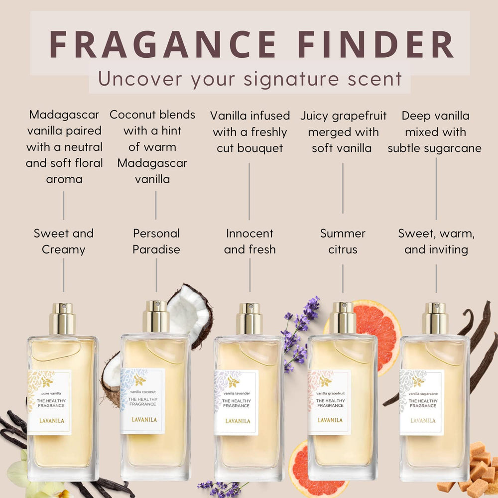 Lavanila healthy fragrance bottle emphasizes clean ingredients and sugar cane base.