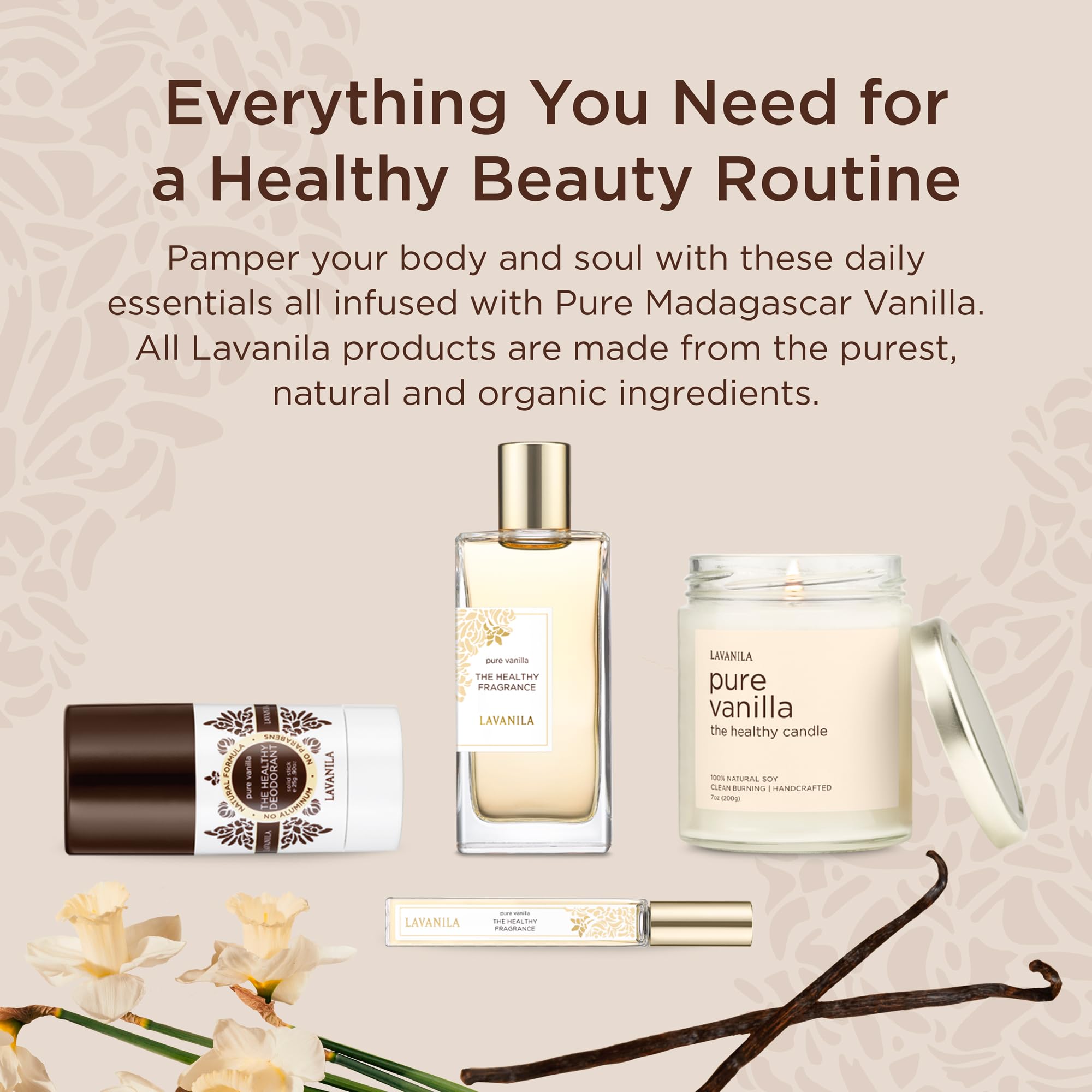 Lifestyle shot implies versatile use in daily routines with Madagascar vanilla aroma