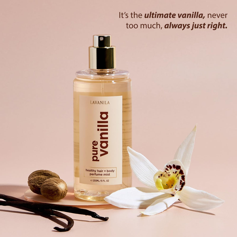 Lavanila Pure Vanilla Hair + Body Mist application – smooth spray for skin and hair.