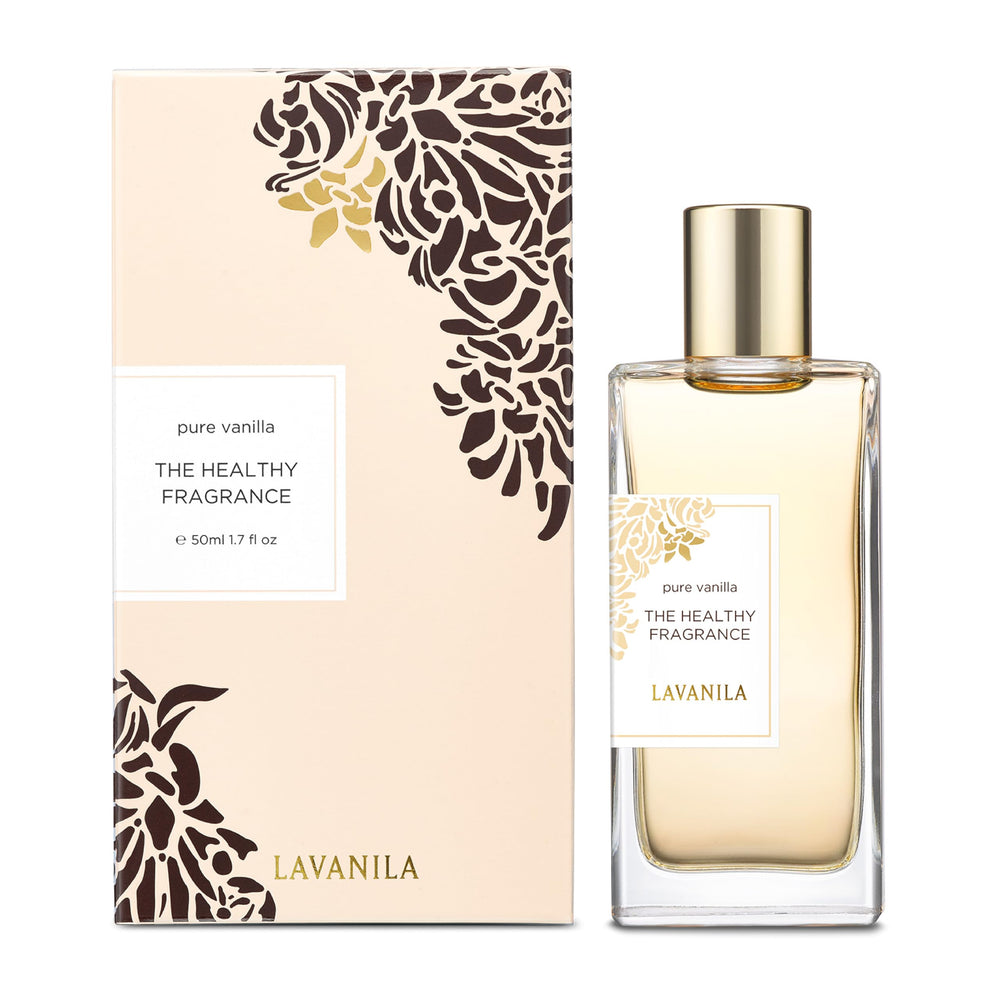 Close up of tonka bean with Lavanila Pure Vanilla perfume for depth