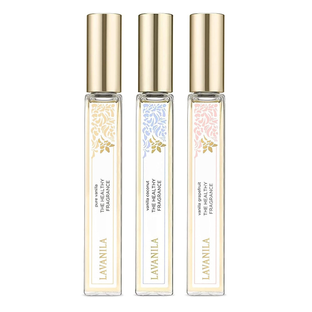 Lavanila Vanilla Coconut roller perfume in application on skin for tropical warmth.