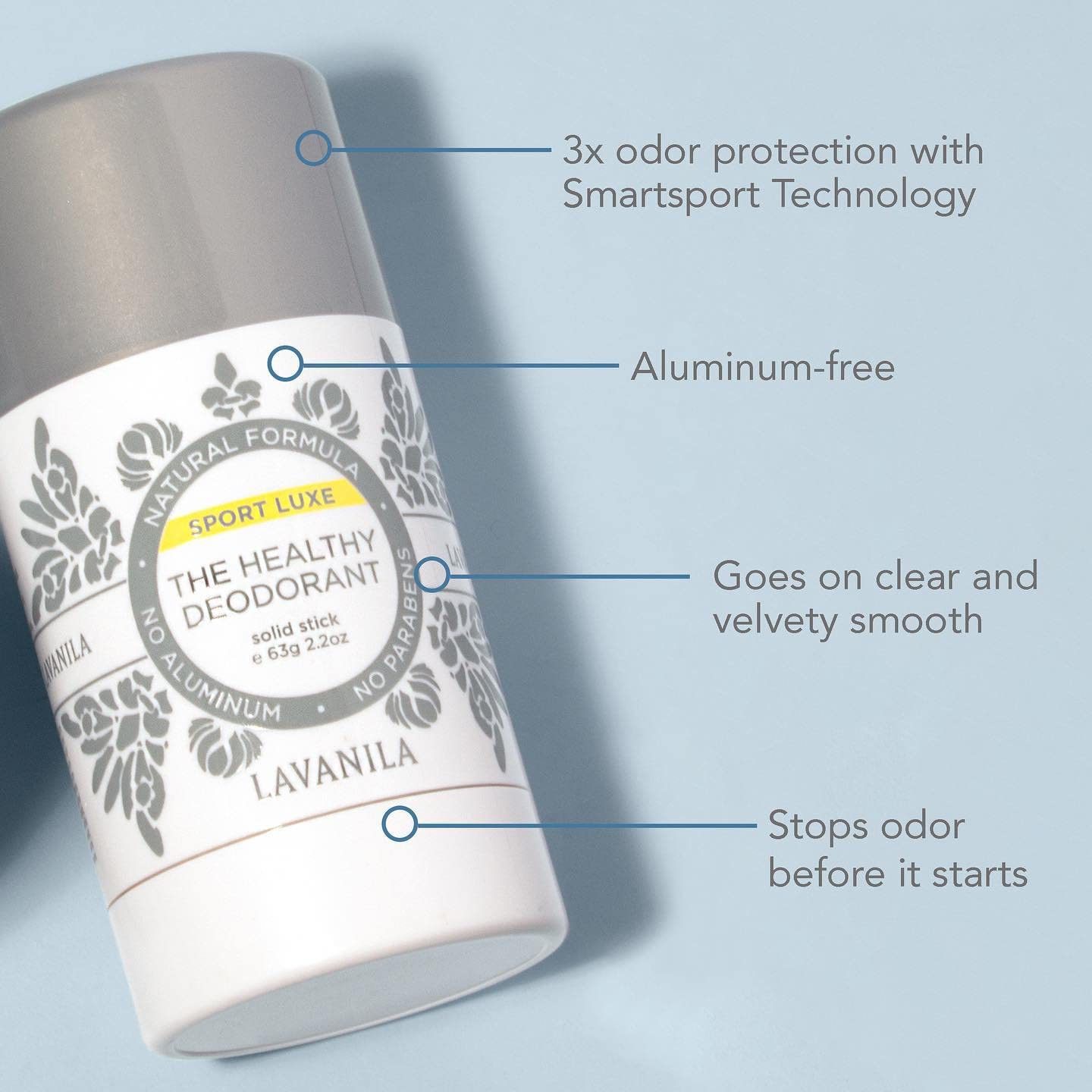Lavanila Sport Luxe beta glucan technology label suggests skin-friendly formula