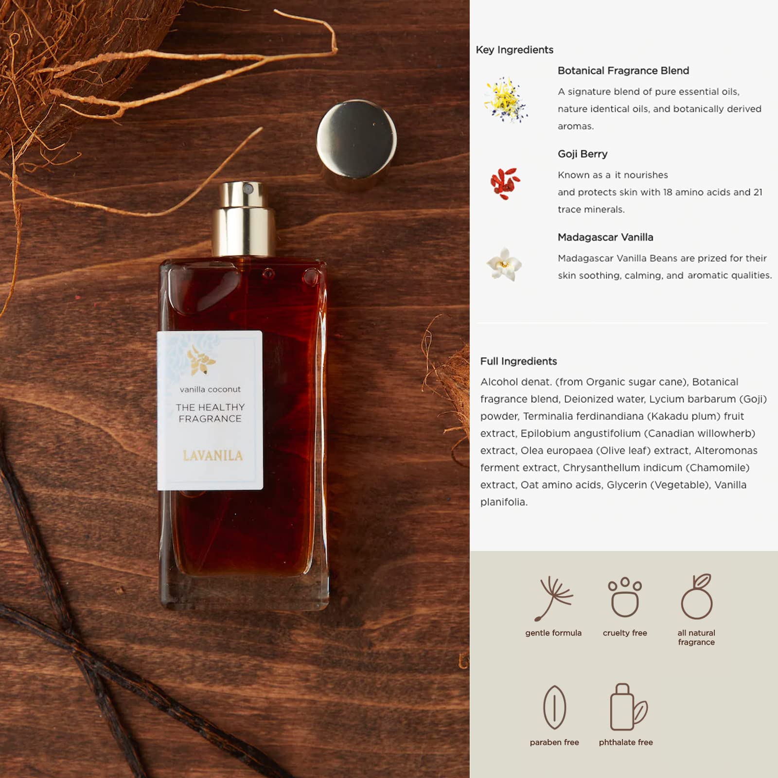 Lavanila tropical coconut bottle showing light, clean natural fragrance.