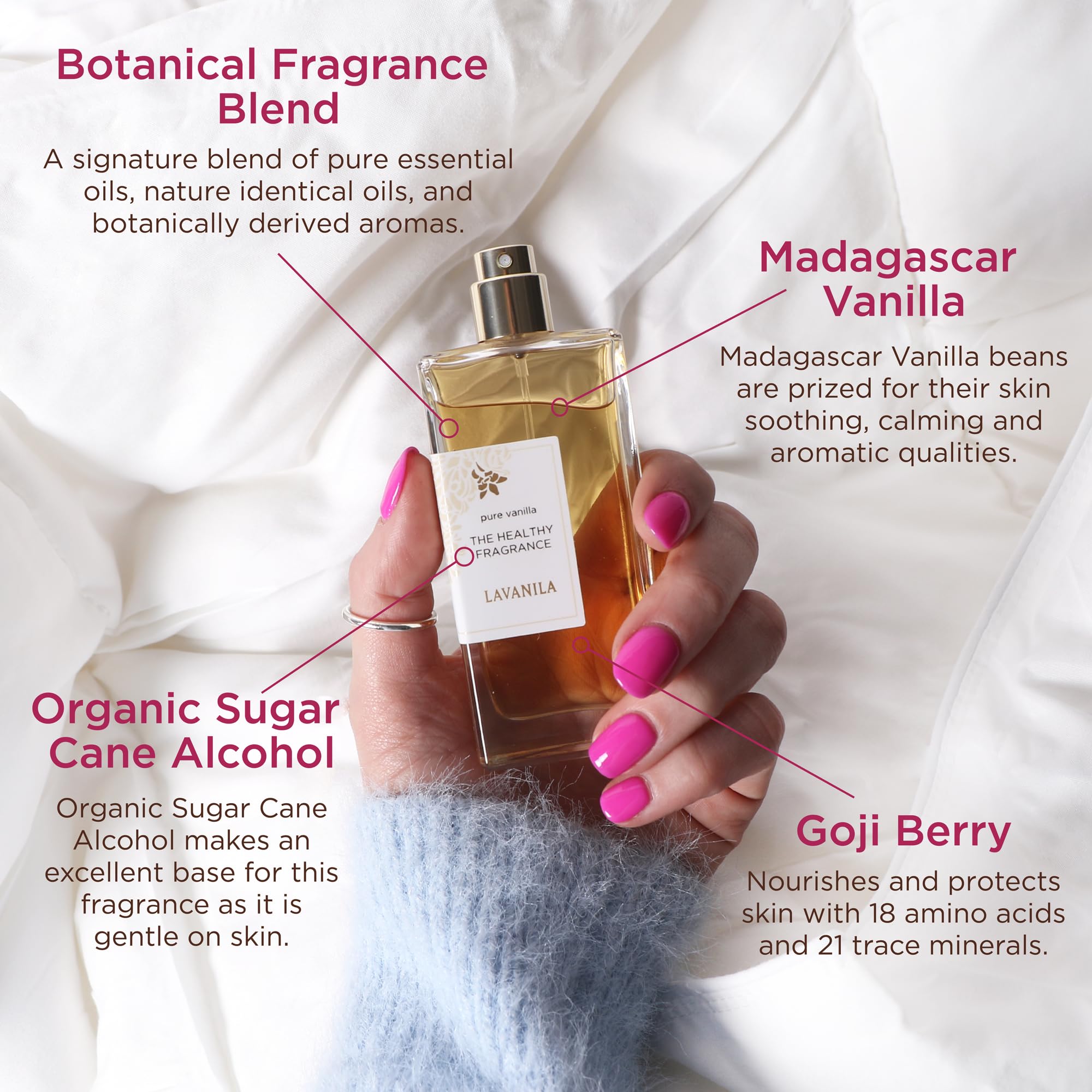 Vanilla beans beside the bottle evoke Madagascar vanilla richness for warm moments