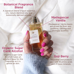 Vanilla beans beside the bottle evoke Madagascar vanilla richness for warm moments