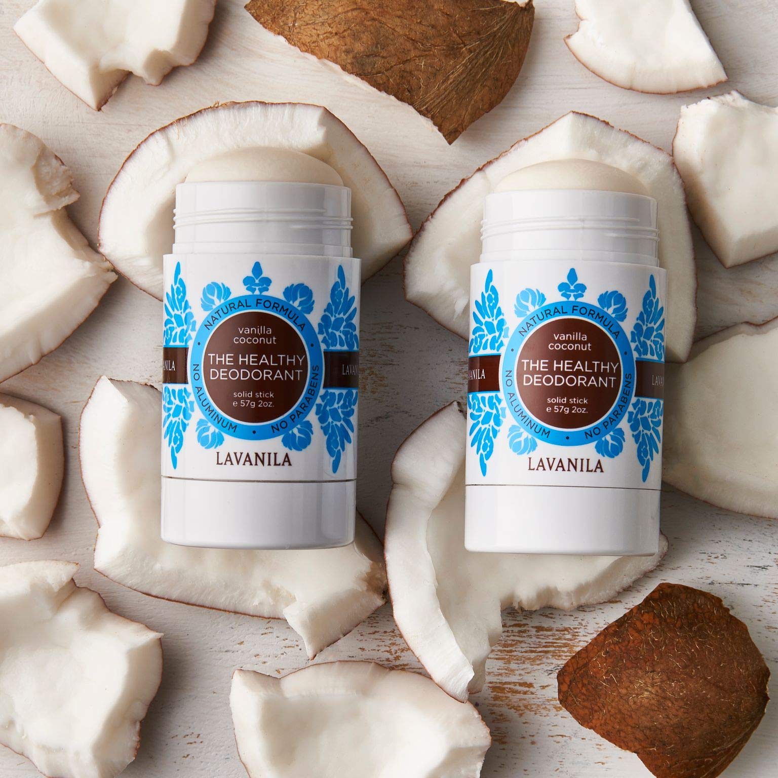 Lavanila vanilla coconut deodorant aluminum-free label emphasizes clean, safe formula.