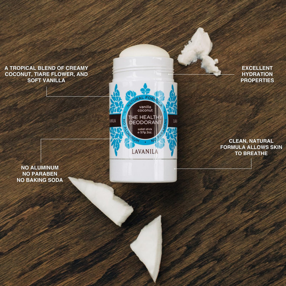 Lavanila vanilla coconut deodorant made-in-USA badge signifies quality and local production.