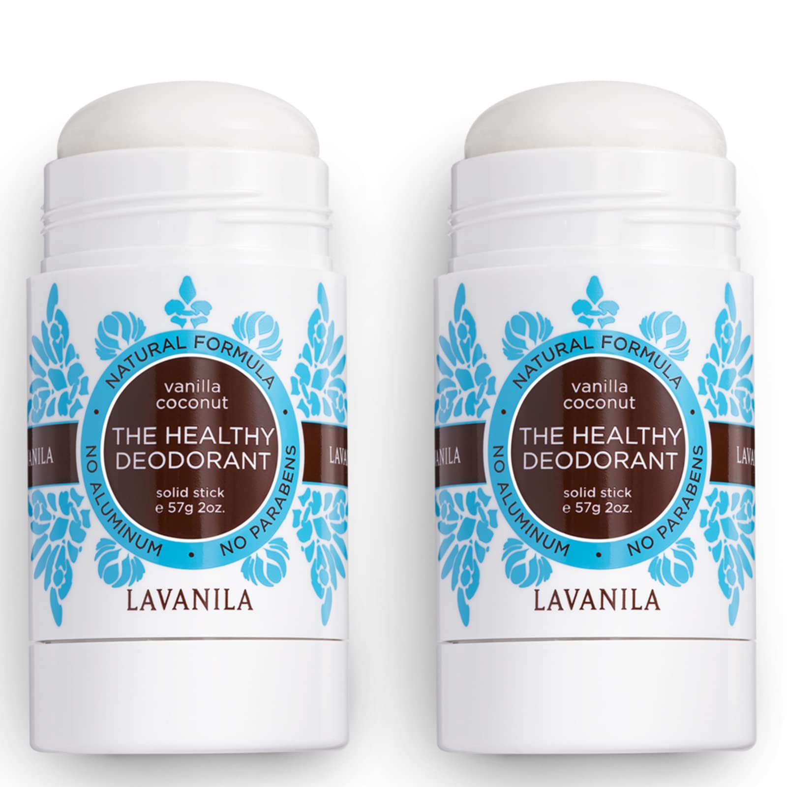 Lavanila vanilla coconut deodorant two-pack on display for convenient daily use.