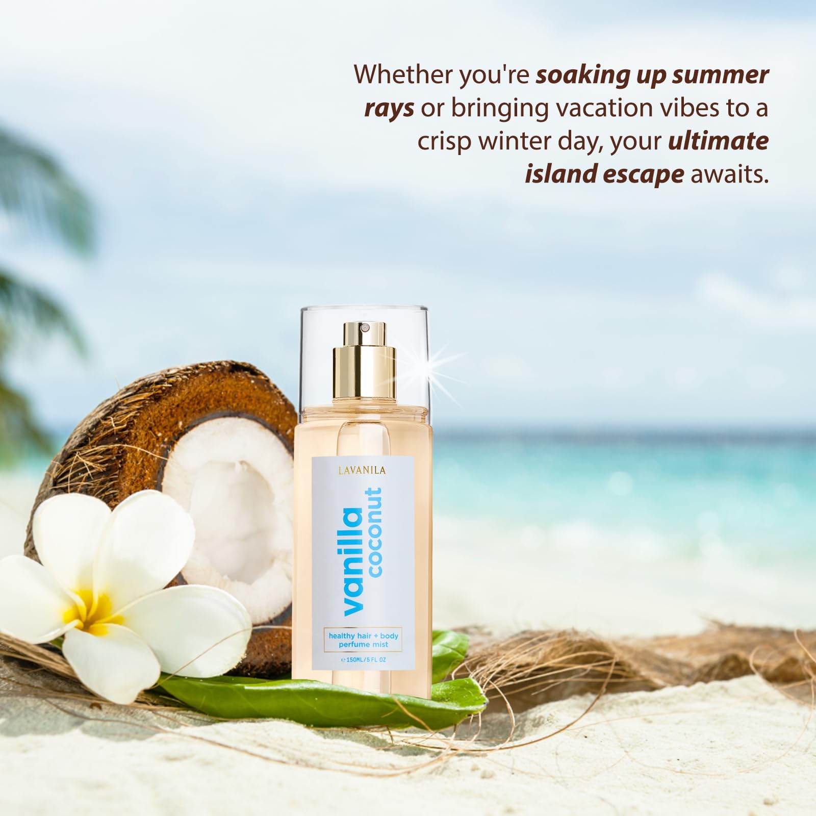 Lavanila Vanilla Coconut Mist bottle evokes island escape vibes through tropical notes.