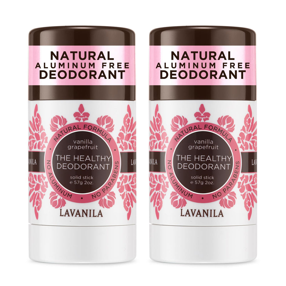 Lavanila Vanilla Grapefruit deodorant packaging shows aluminum-free formula for daily use.