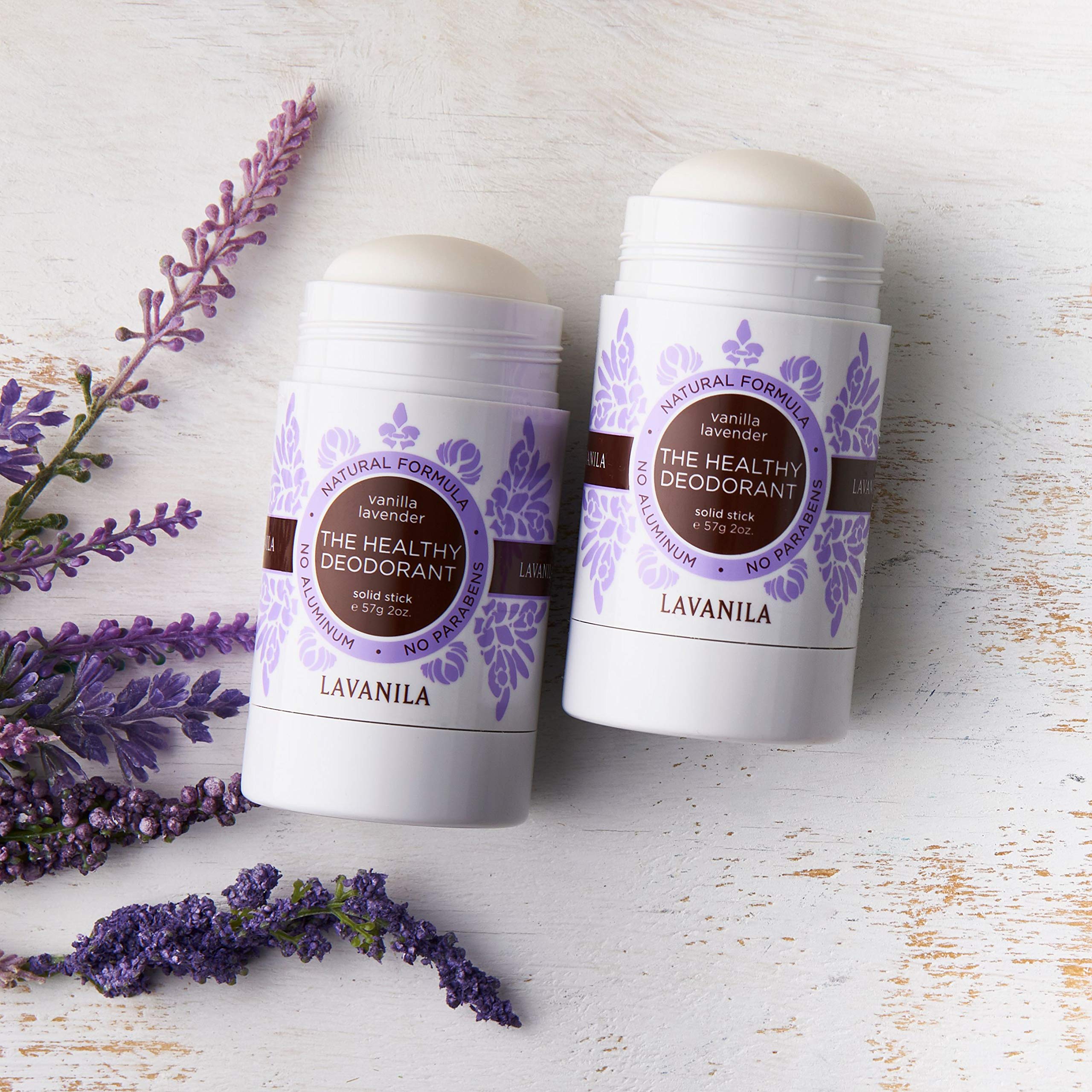 Lavanila Vanilla Lavender deodorant stick side view vegan aluminum-free formula hydrates and protects