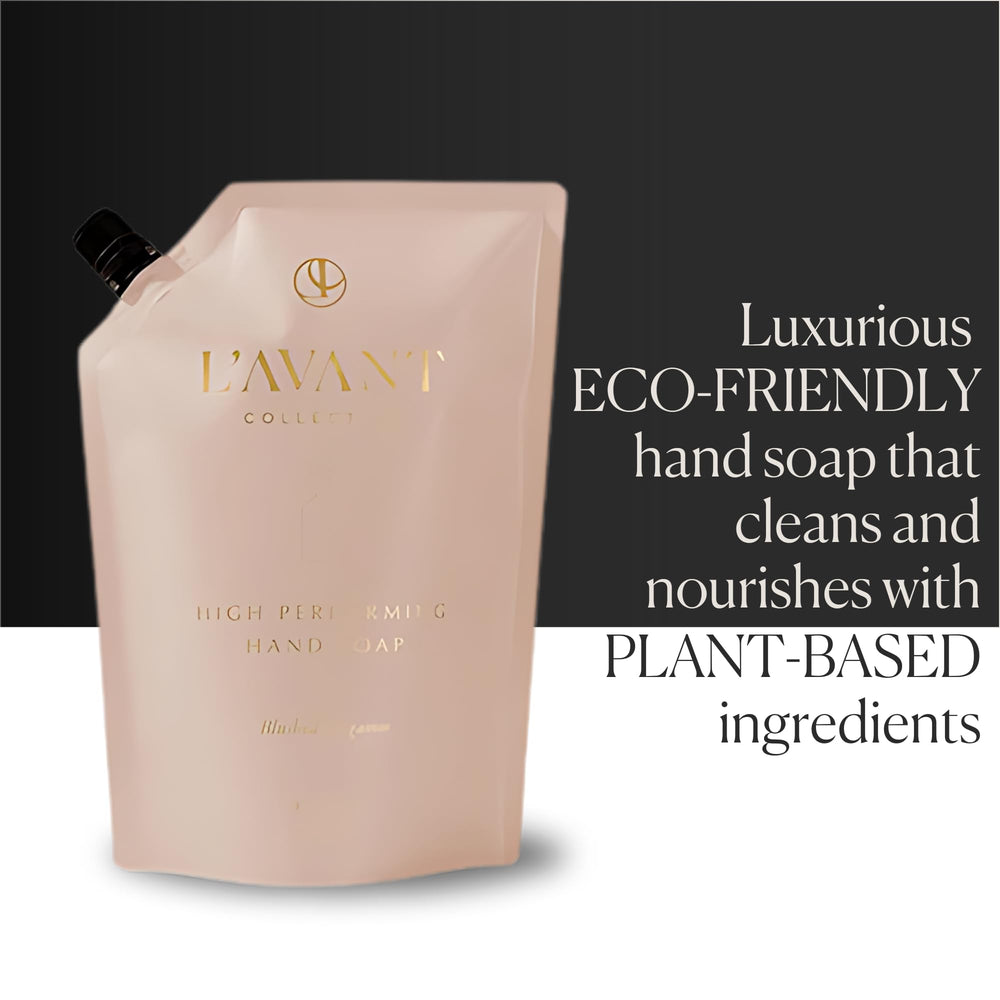 L'AVANT Collective pink glass bottle signals a luxurious daily ritual.