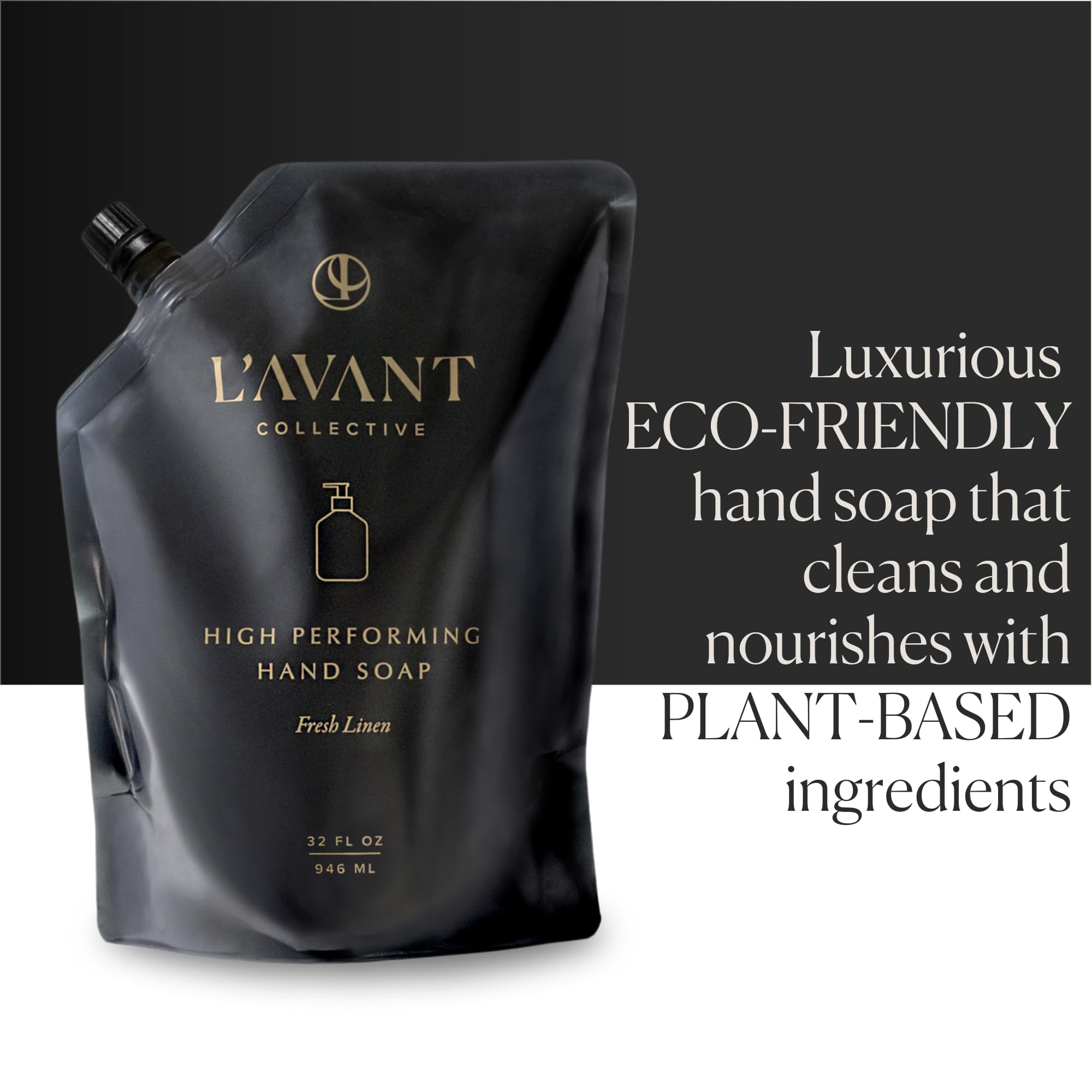 L'AVANT Collective Fresh Linen bottle demonstrates inviting fragrance during handwashing.