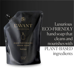 L'AVANT Collective Fresh Linen bottle demonstrates inviting fragrance during handwashing.