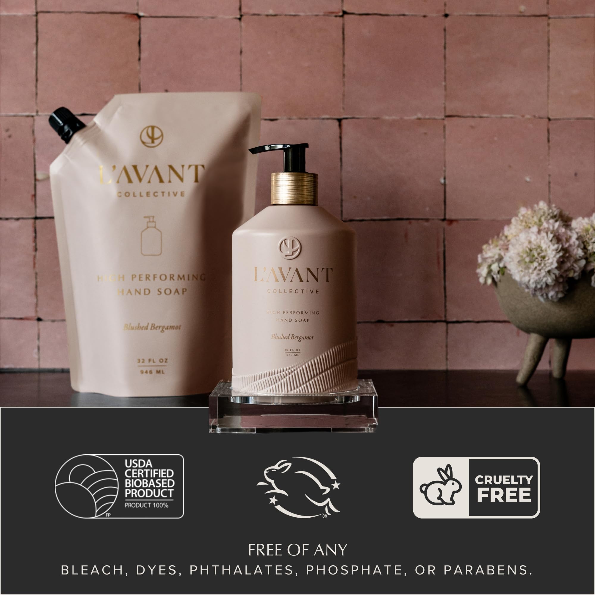 L'AVANT Collective hand soap refill closeup captures amber-cedar notes.