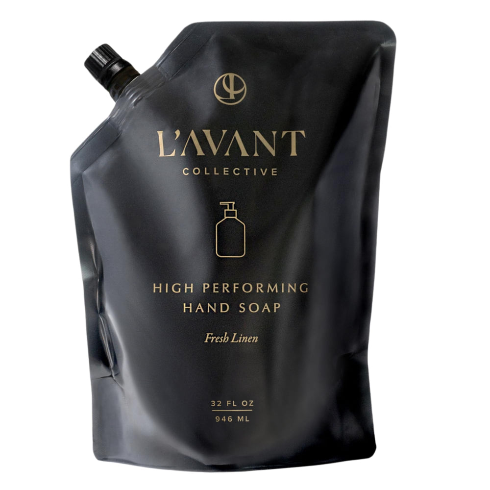 L'AVANT Collective refill pouch for hand soap reduces waste and enables easy refills.