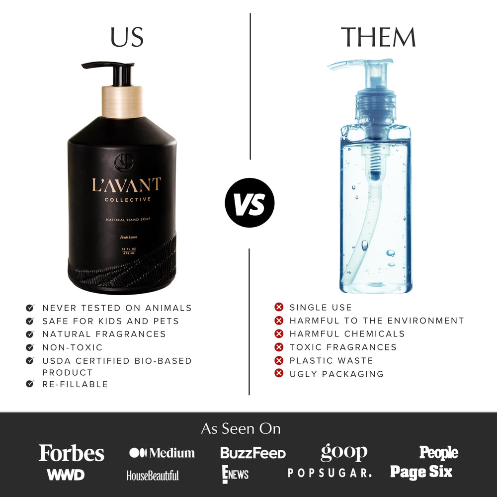 L'AVANT Collective hand soap family-use scene suggests safe, gentle cleaning for all ages.