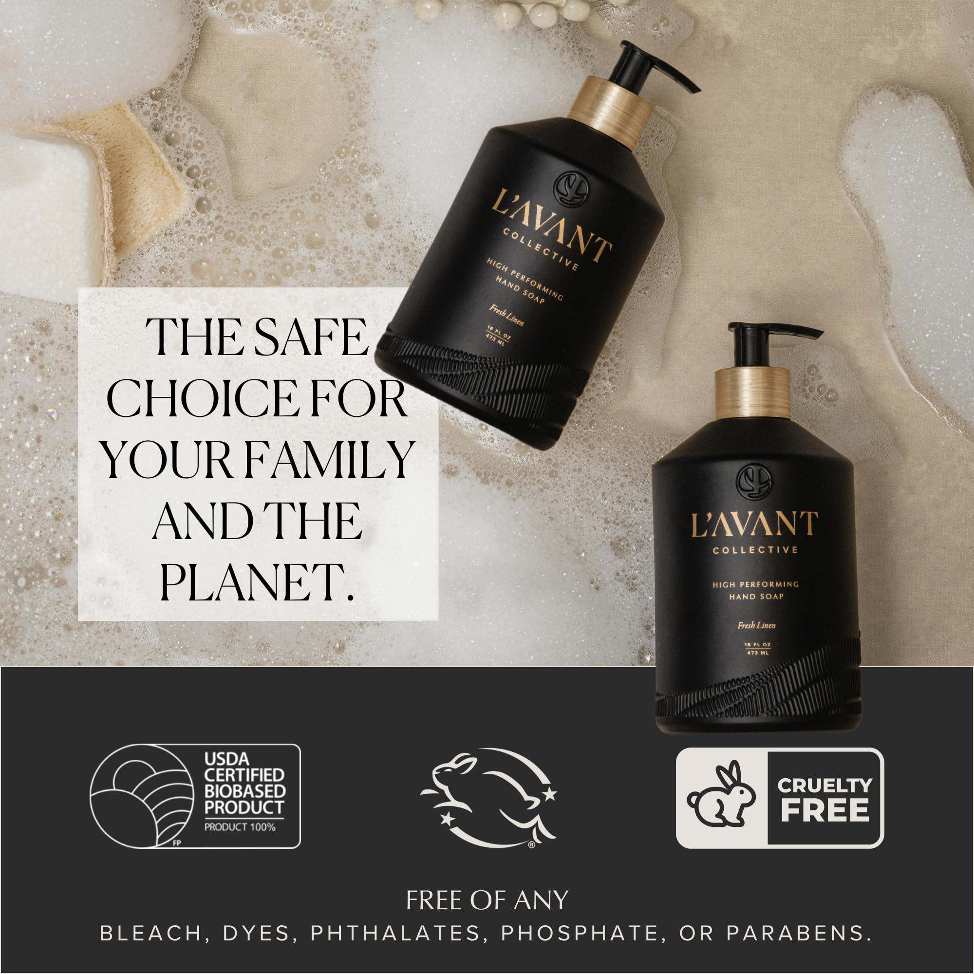L'AVANT Collective hand soap foam-closeup demonstrates rich lather for efficient cleaning.