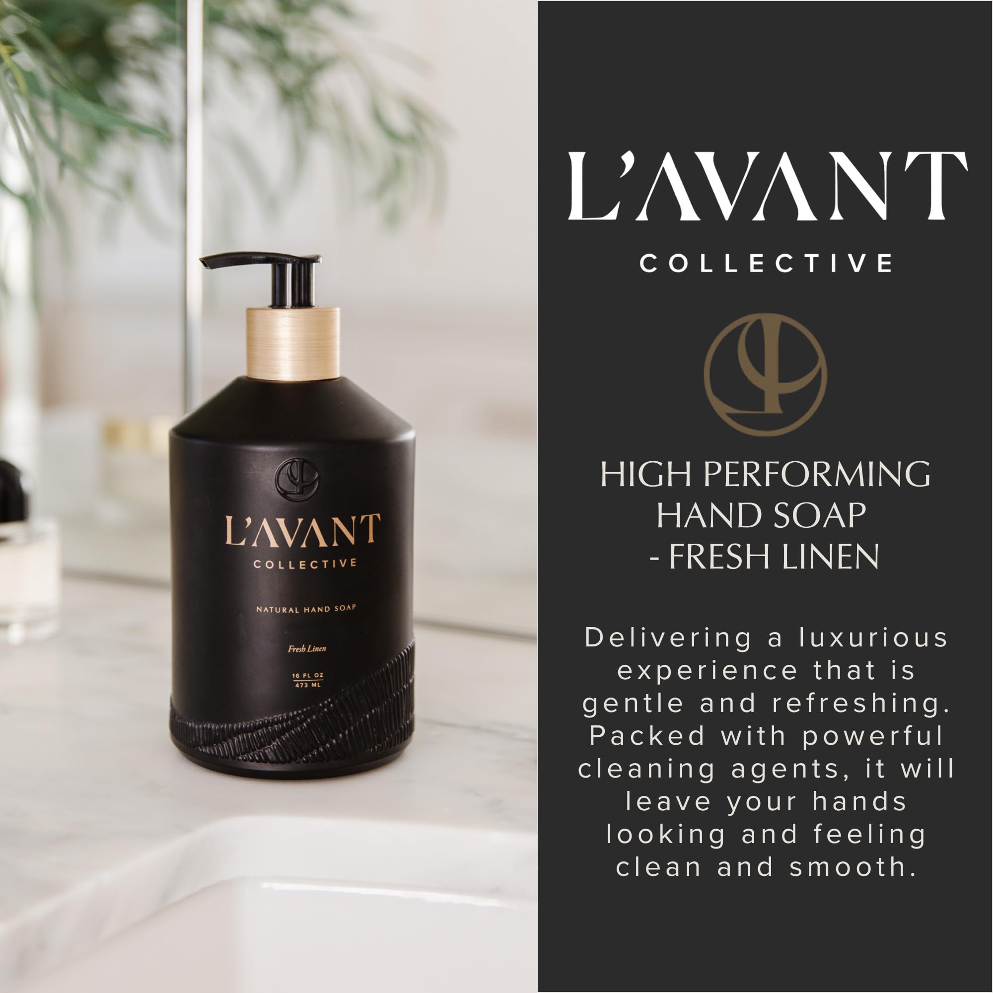L'AVANT Collective hand soap eco-friendly formula appears phosphate-free and cruelty-free for responsible cleaning.