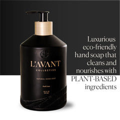 L'AVANT Collective hand soap reusable-glass-bottle view emphasizes sustainable, stylish kitchen styling.