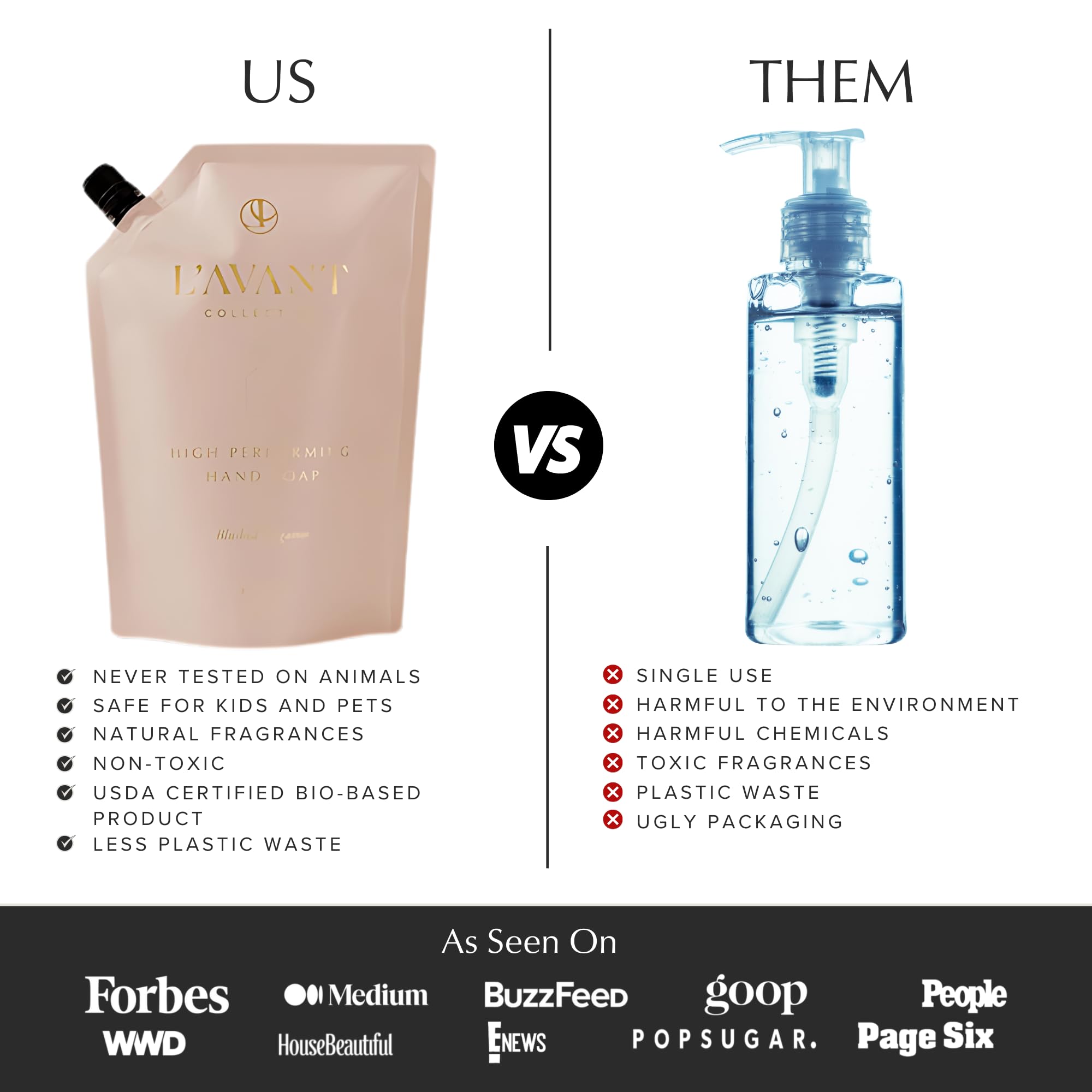 L'AVANT Collective refill on bathroom shelf promotes sustainable luxury.