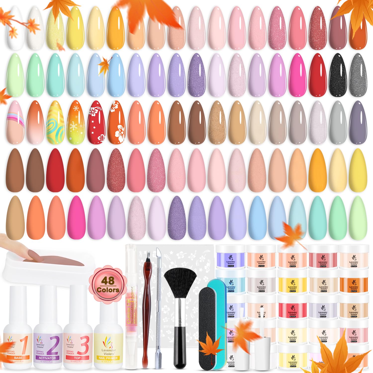 Lavender Violets 62-pcs dip powder nail kit color palette offering 48 hues for versatile nail art.