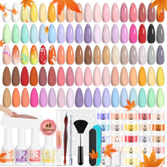 Lavender Violets 62-pcs dip powder nail kit color palette offering 48 hues for versatile nail art.