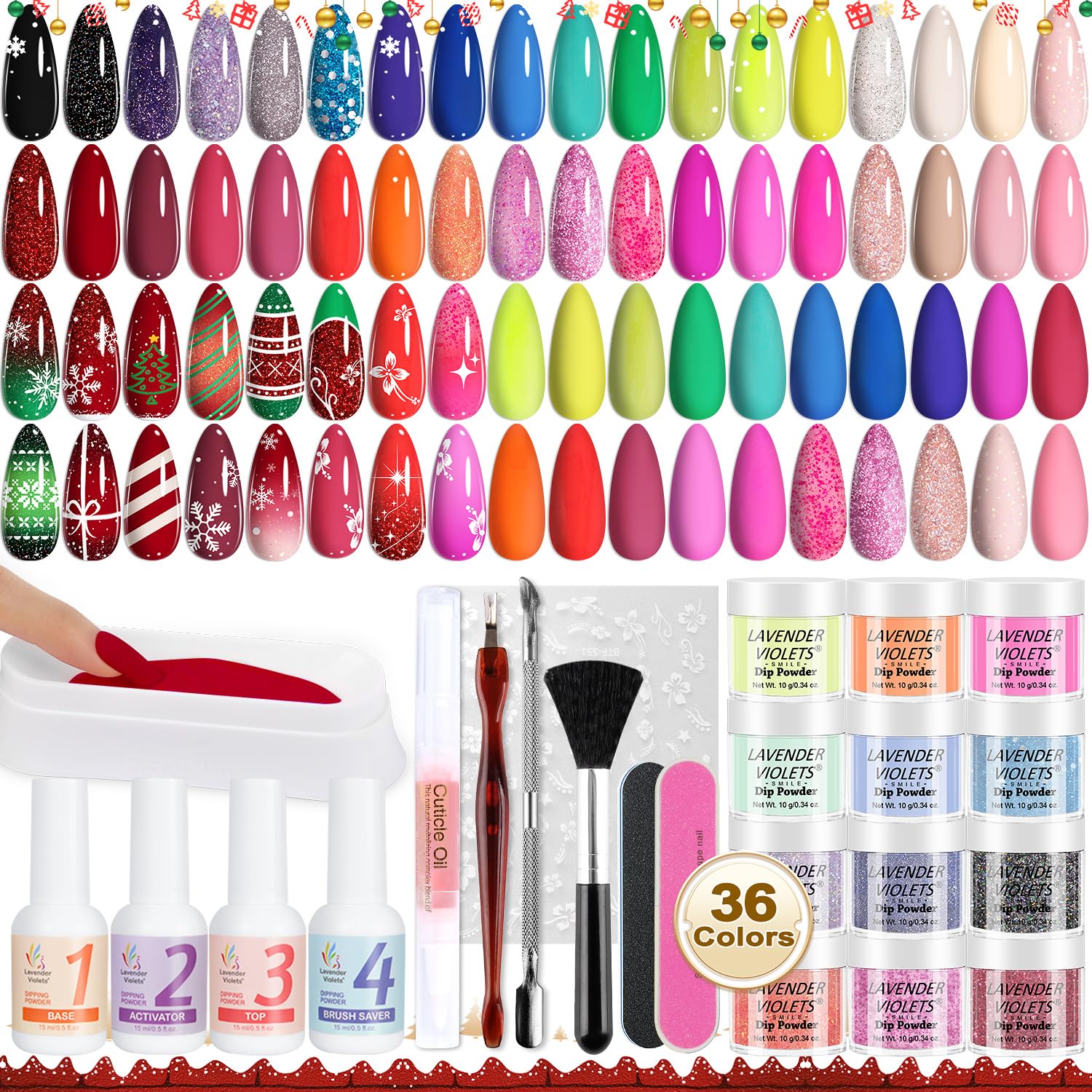Lavender Violets dip powder kit cover shows a vibrant 36-color palette for nail art.