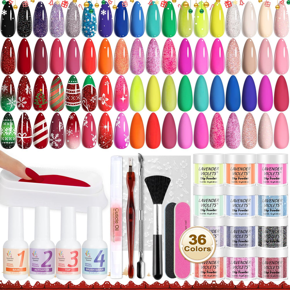 Lavender Violets dip powder kit cover shows a vibrant 36-color palette for nail art.